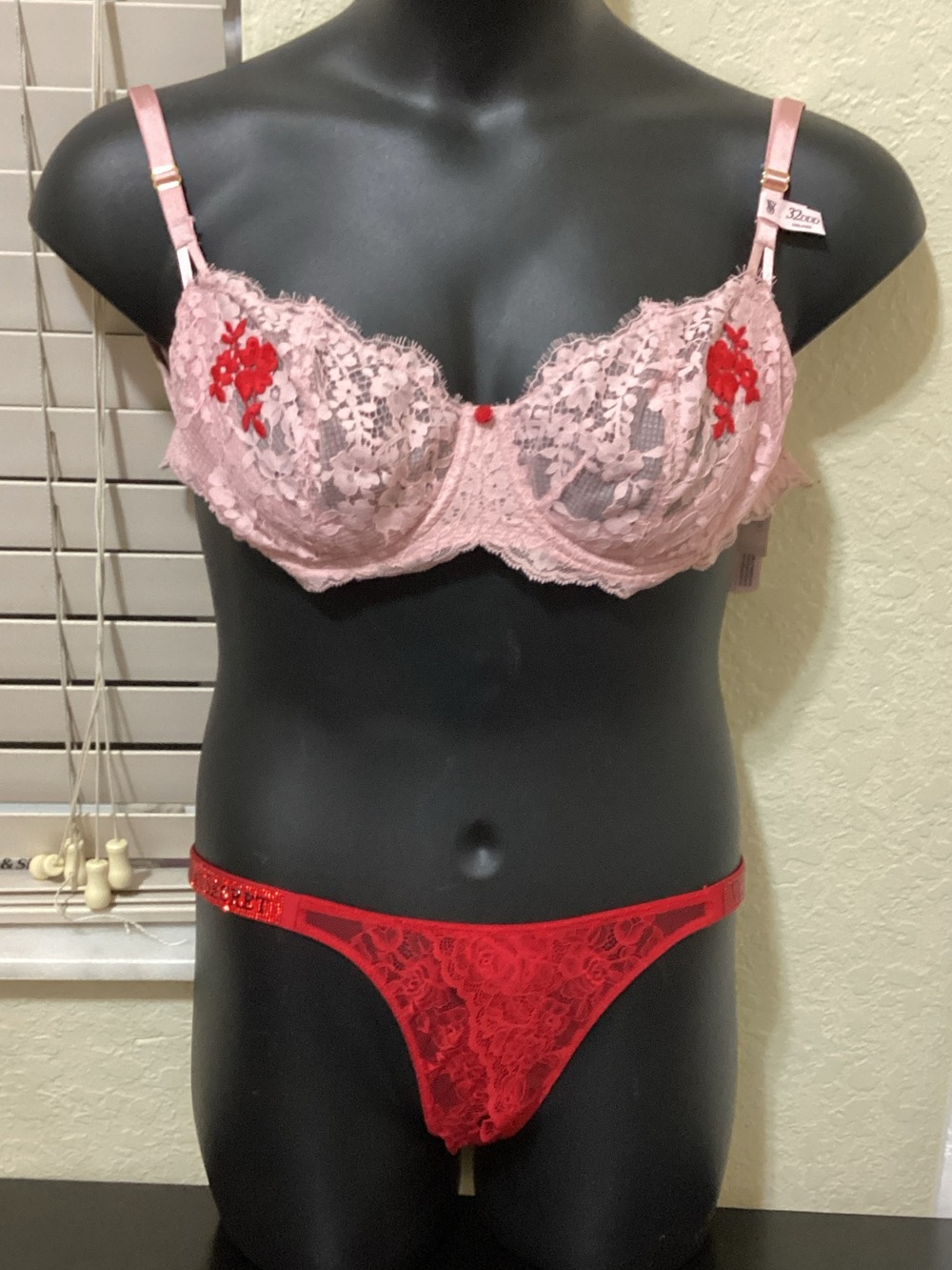 Victoria's Secret Pink Lace Underwire Bra with Red Lace Thong